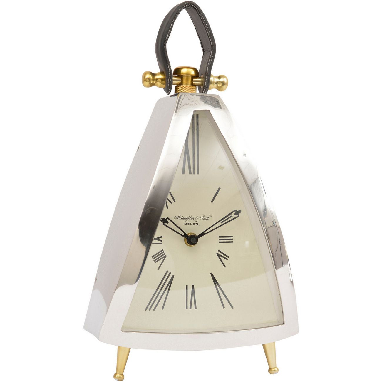 Isosceles Curved Front Chrome & Gold Mantel Clock with Leather Handle